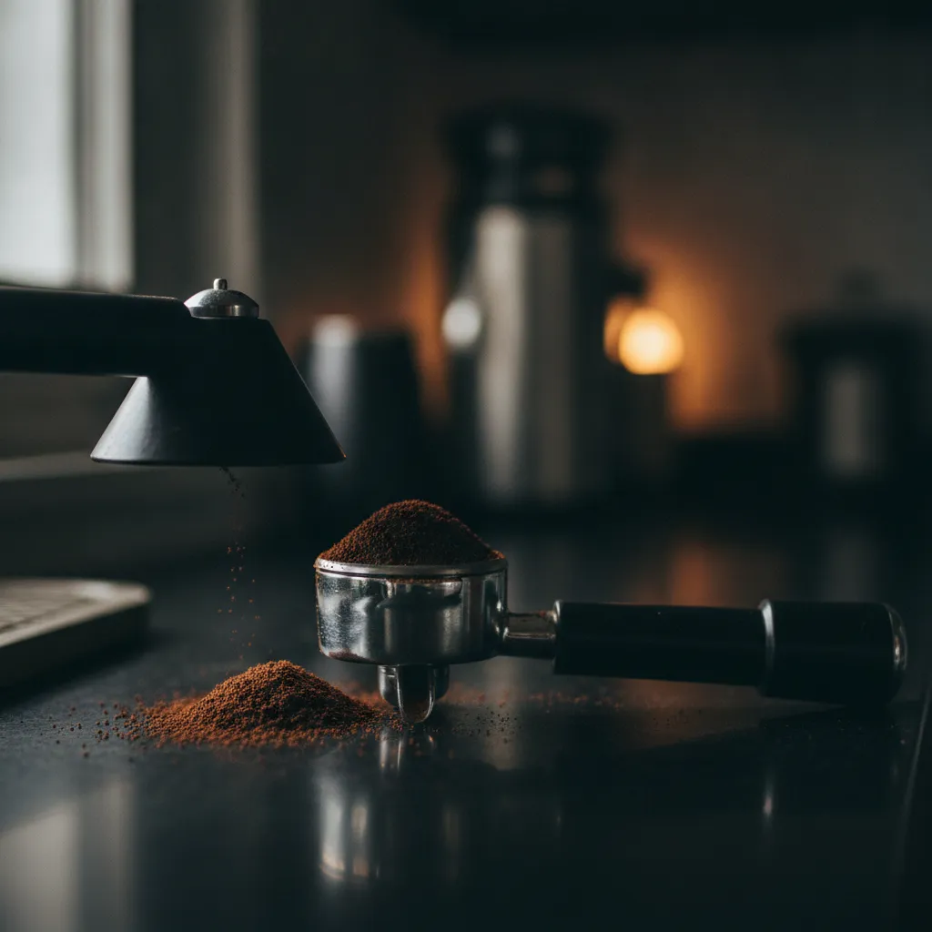 Porte-filtre rempli de café moulu à côté d'un moulin